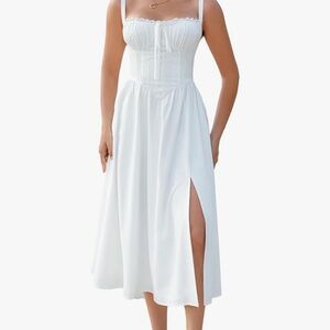 Summer Casual Midi Dress Smocked Sleeveless Flowy Slit A Line Beach Sundresses